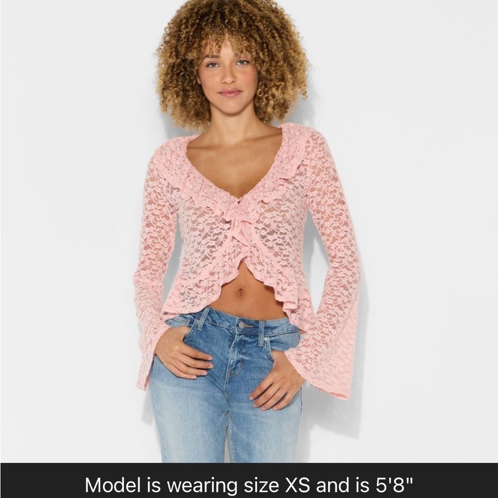 Women’s long V neck flyaway Pink Lace Ruffle Top